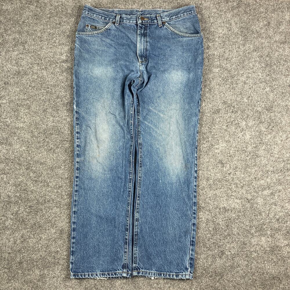 Lee Jeans Mens Size 36x30 Blue Straight Leg Denim Medium Wash Frayed Hem USA